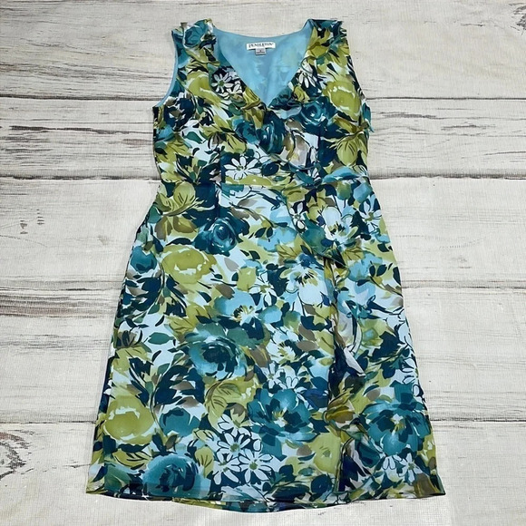 Pendleton Dress Silk Sleeveless Blue Green Knee Length Floral Ruffle Size 4P - Picture 8 of 14